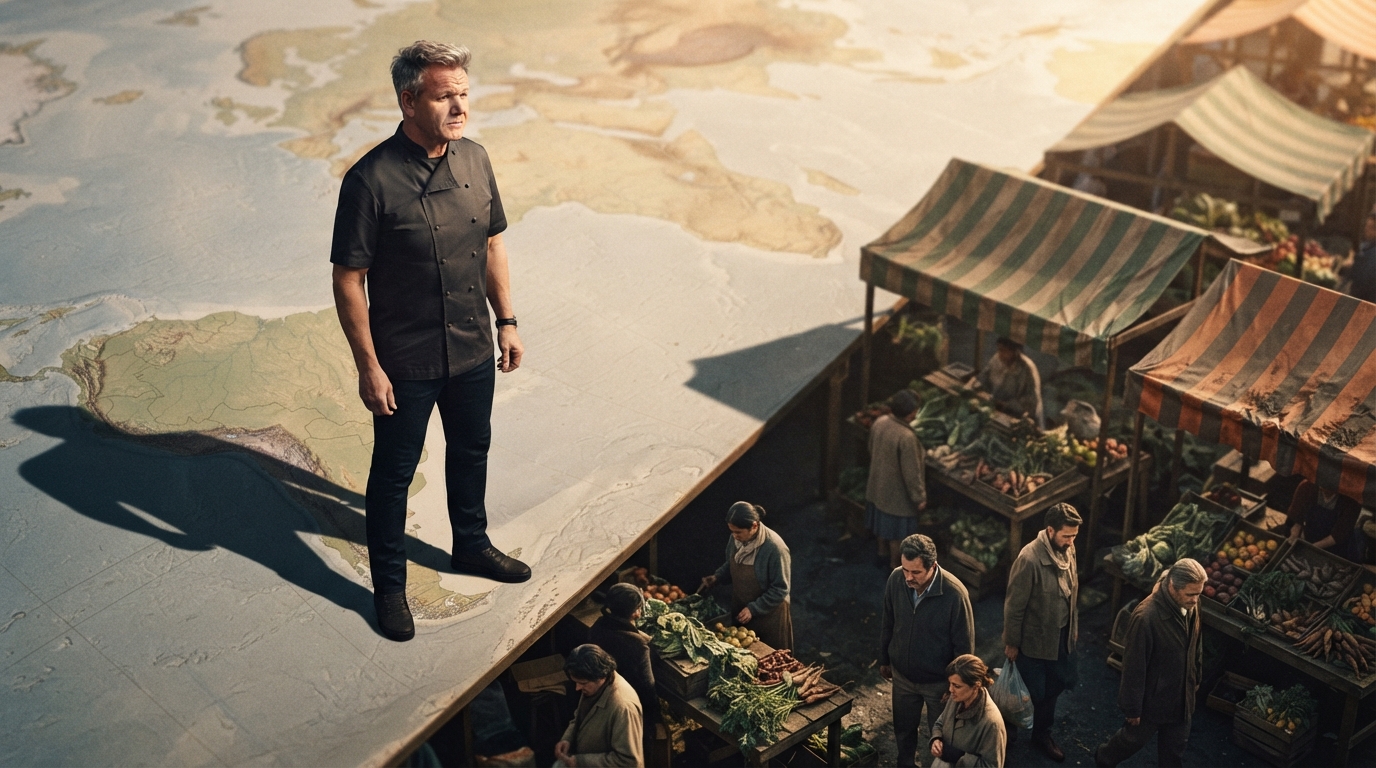 A symbolic image of a celebrity chef's global influence overshadowing a small, struggling local farmers' market, representing the threat to local food systems.