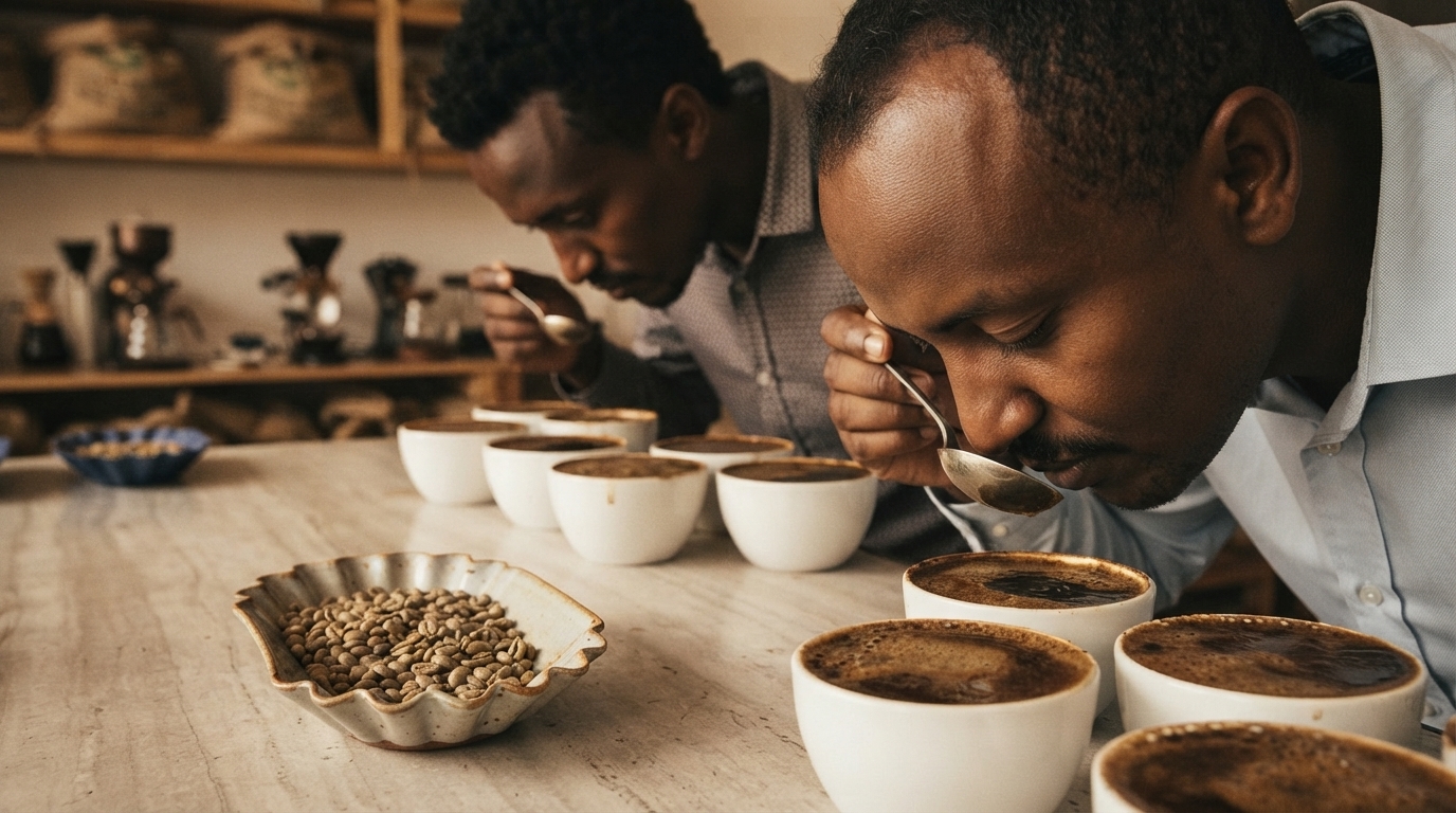 Editorial illustration for From Green Bean to Fruity, Nutty, and Caramel: The Chemistry Behind Coffee's Tasting Notes